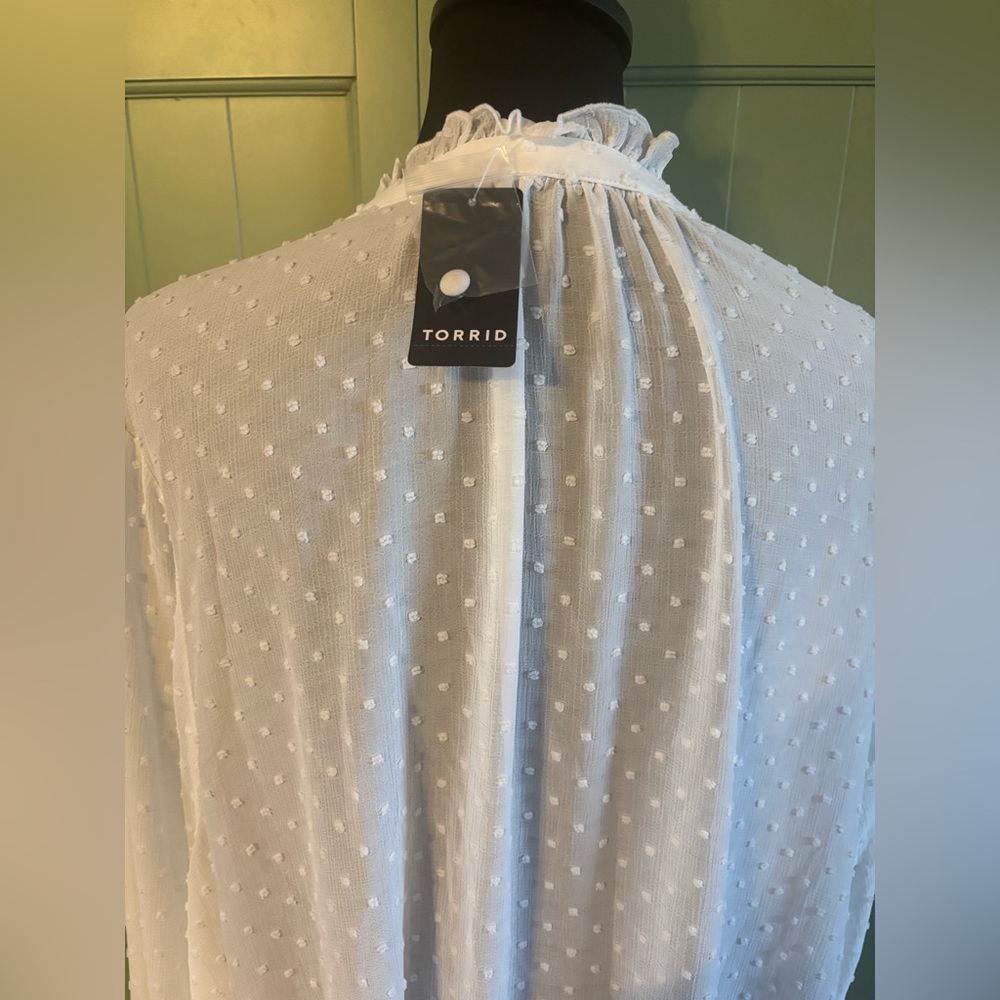NWT Torrid White Chiffon Clip Dot Lace Ruffle Tie Front Blouse Size 6X - Picture 4 of 7